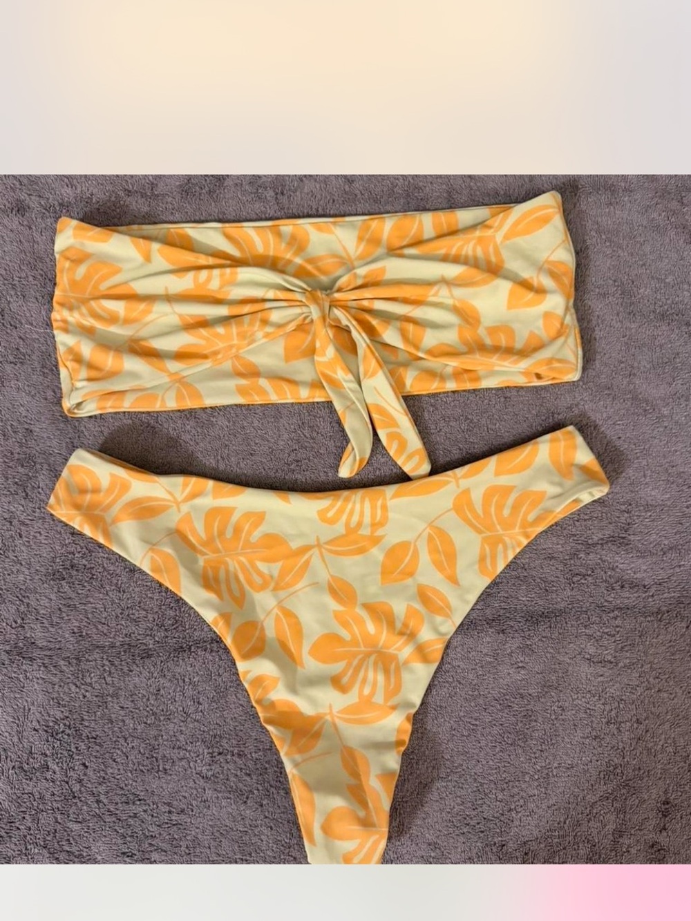 SHEIN Yellow & Orange Tropical Tie-Front Bandeau Bikini